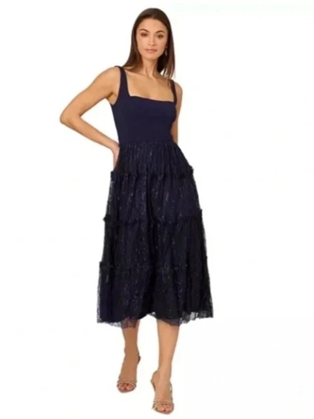 Adrianna Papell Dark Navy Blue Crepe and Lace Midi Dress